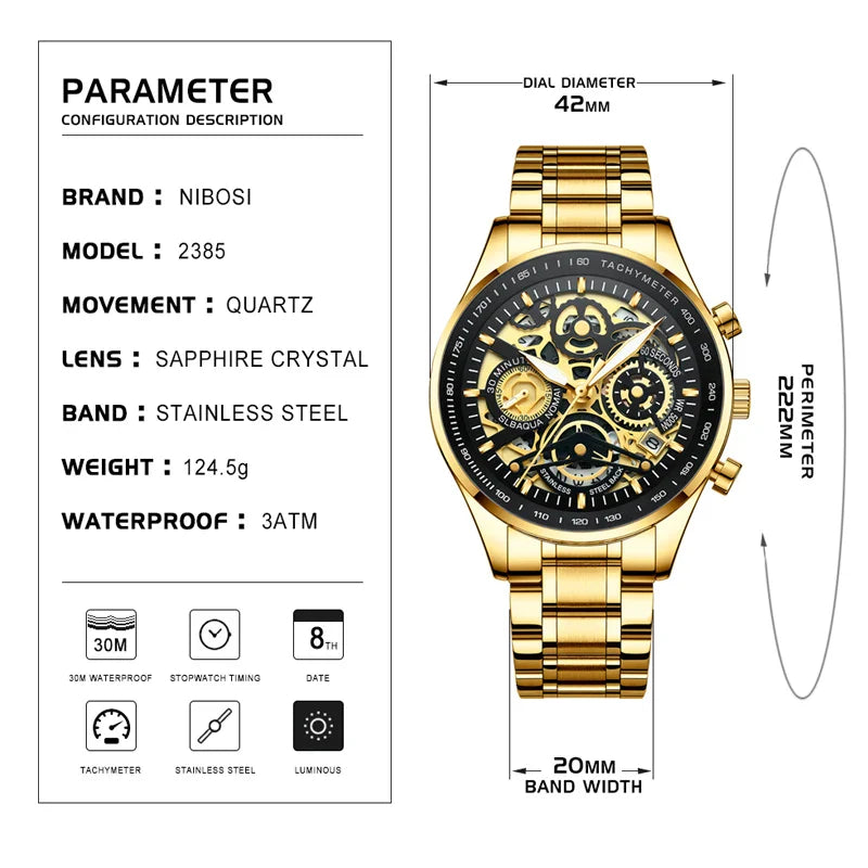 NIBOSI 2385 Golden Skeleton Chronograph