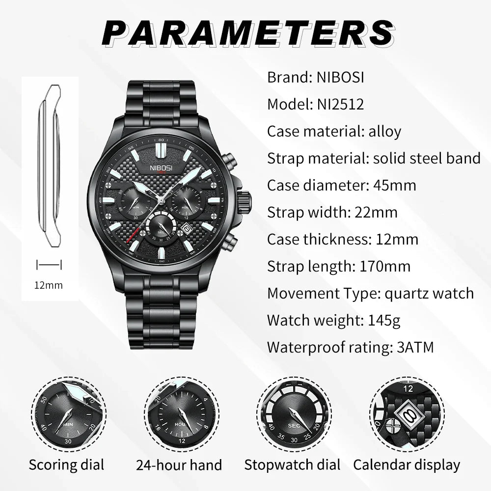 NIBOSI 2512 — Men's Stainless Steel Chronograph Watch