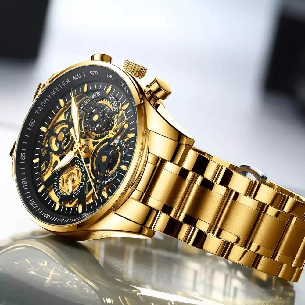 NIBOSI 2385 Golden Skeleton Chronograph