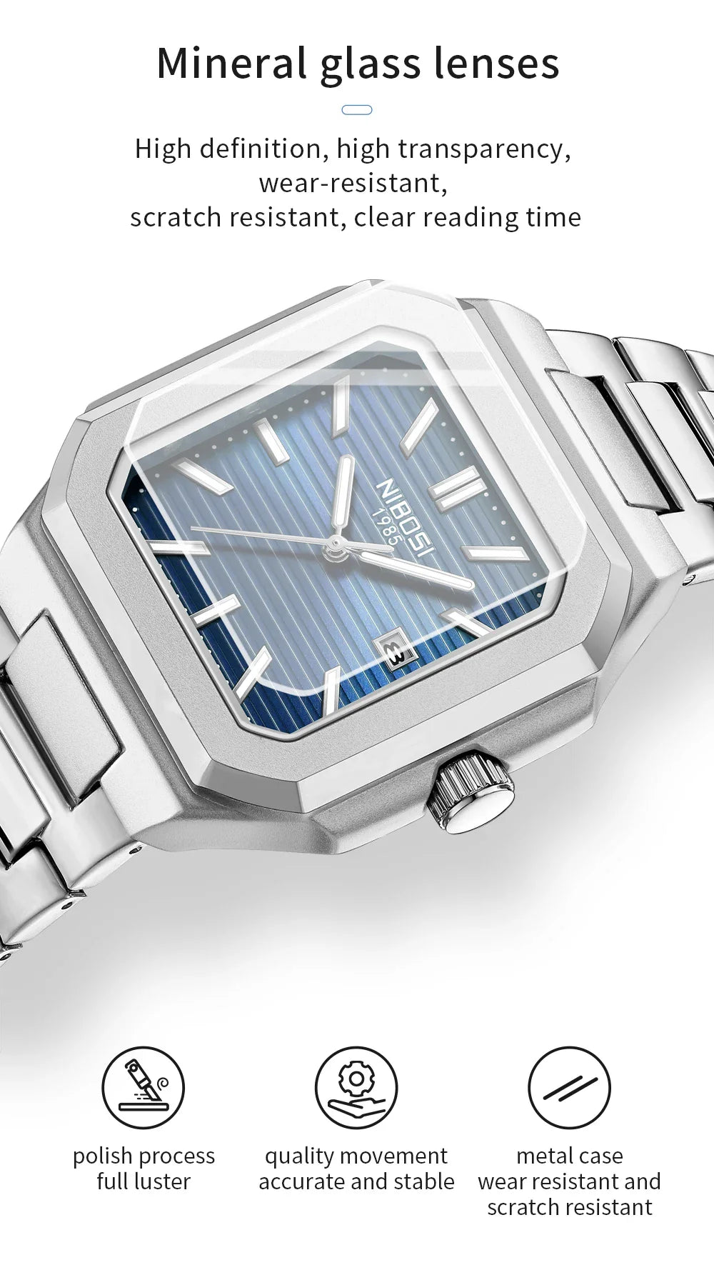 NIBOSI 2689 — Squaremaster Calendar Quartz Watch