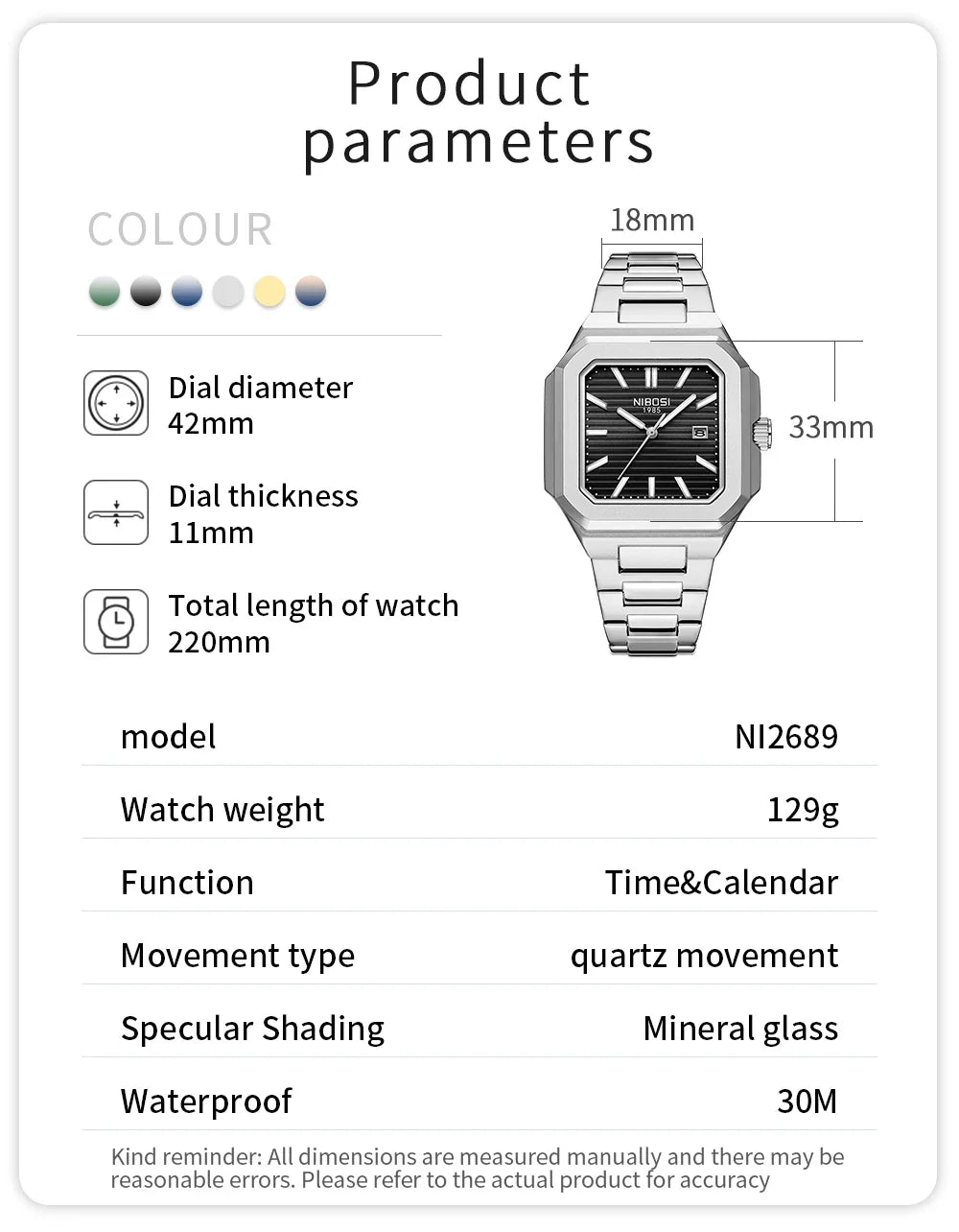 NIBOSI 2689 — Squaremaster Calendar Quartz Watch