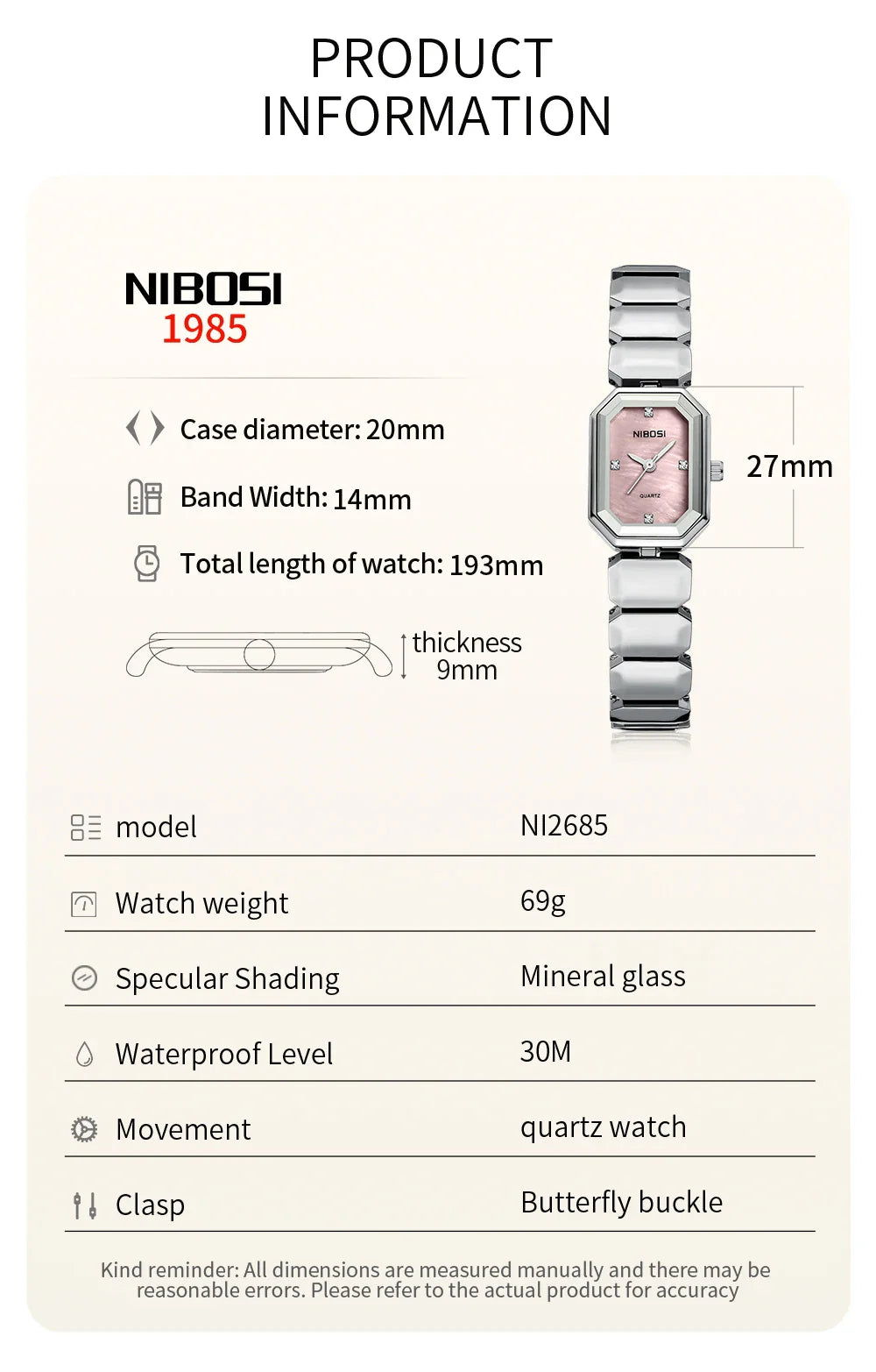 NIBOSI 2685 — Opaline Square Women's Watch